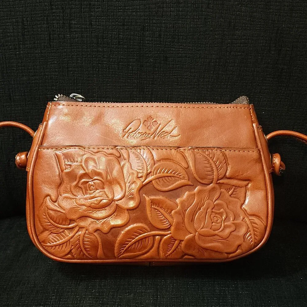 Patricia Nash Bacoli Rose Tooled Small Brown Leather Crossbody Bag - Picture 2 of 8